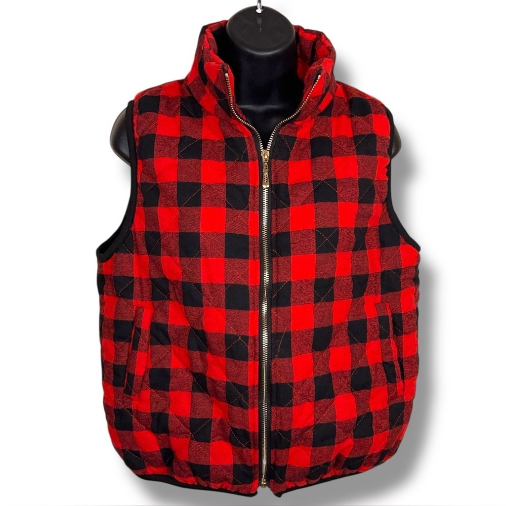 Juniors Large Red Black Plaid Vest Jacket Flannel Style Zip Closure Outdoor